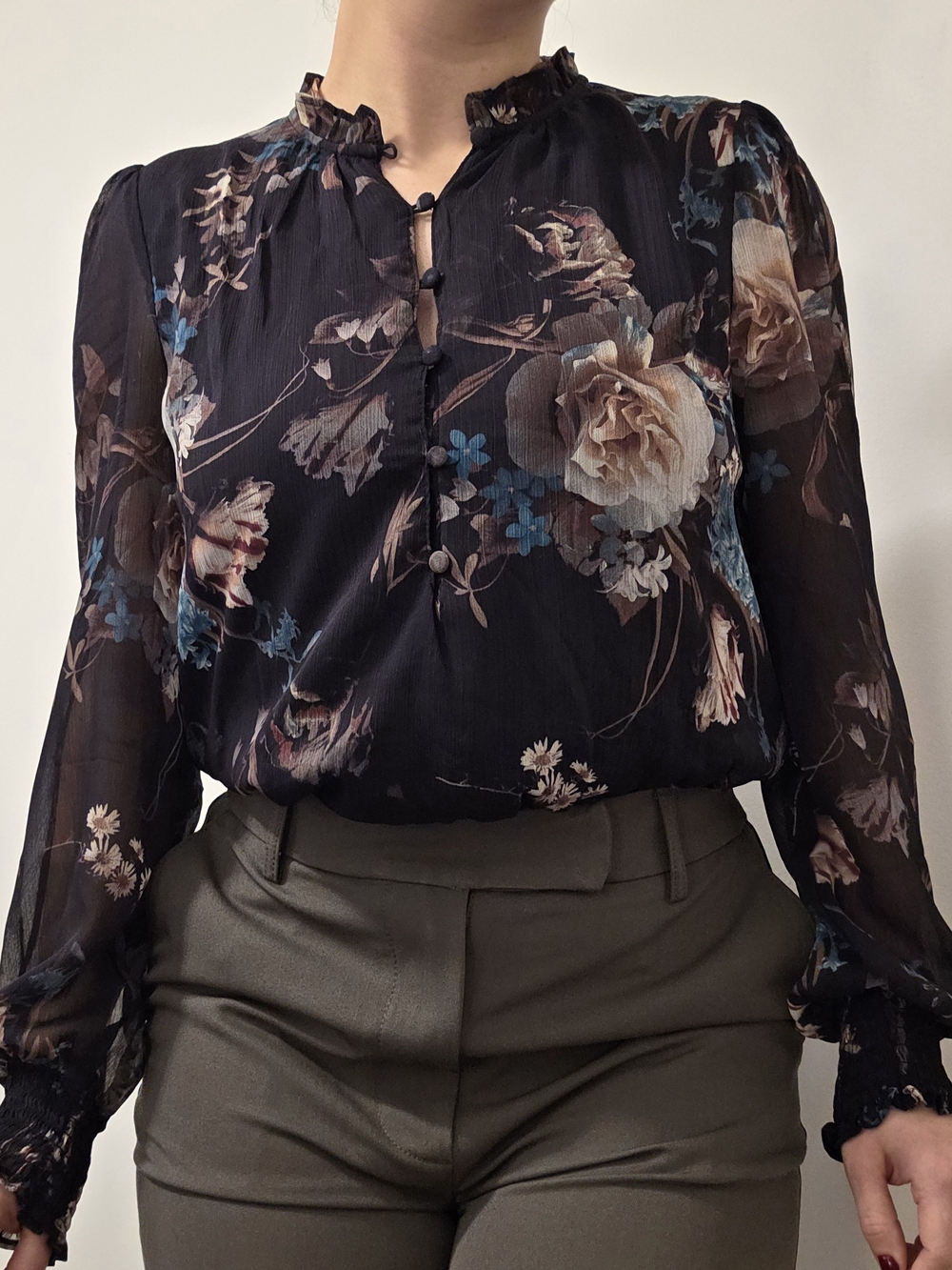 Floral Chiffon Ruffled Neck Blouse - Black